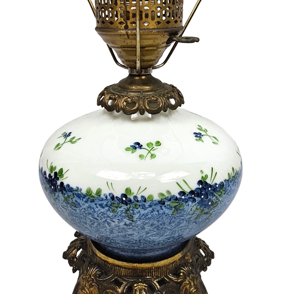 Vintage Gone With The Wind Parlor Lamp Base 12" Milk Glass & Brass Blue Floral